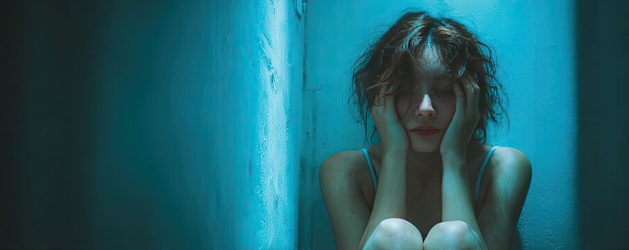 Stressed young woman covering face in anxiety concept. A contemplative figure in a dimly lit space evokes deep emotions.