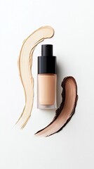 A bottle of liquid foundation with a black pump dispenser sits on a white surface, surrounded by swatches of light and dark foundation.