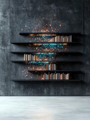 A modern concrete wall with floating bookshelves filled with books and illuminated by magical, glowing particles.