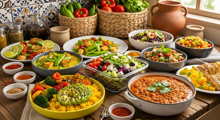 A vibrant and abundant spread of healthy, diverse, and delicious plant-based meals, showcasing a rich variety of colorful dishes perfect for a nutritious feast for mindful eating