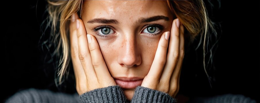Stressed young woman covering face in anxiety concept. A close-up of a young woman expressing deep emotional concern.