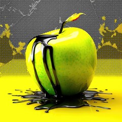 A vibrant green apple is covered in dripping black liquid, creating a striking contrast against a bright yellow surface and a dynamic dotted background.