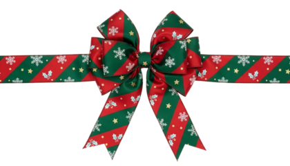 Red and Green Christmas Bow Ribbon with Snowflakes and Holly Pattern on Transparent Background