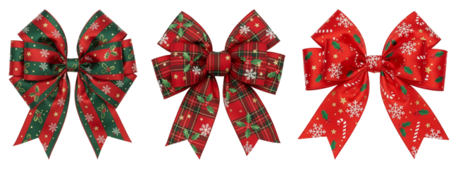 Festive Christmas ribbon bows in red and green with holly, snowflakes, stars, and candy cane patterns, isolated on transparent background.