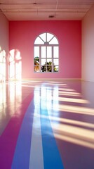 An empty, brightly lit room with pink walls, a large arched window, and a glossy floor featuring colorful stripes, with sunlight creating distinct shadow patter