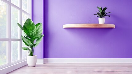 A minimalist interior scene featuring a large window, a vibrant purple wall, a wooden shelf with a small plant, and a large potted plant by the window.