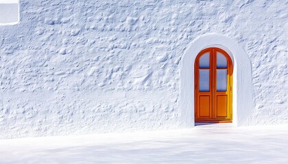 A vibrant orange arched double door stands out against a rough, textured white stucco wall, bathed in bright sunlight.