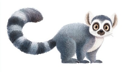 Fototapeta premium Preschool cute lemur, pastel grey, big round tail, soft childlike shapes, white background