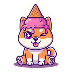 Adorable cartoon shiba inu puppy with an ice cream cone melting on its head, winking with a sparkly eye, isolated on