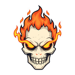 Fierce flaming skull illustration with intense glowing yellow eyes and fire burning from the head, perfect for a tough graphic design, isolated on