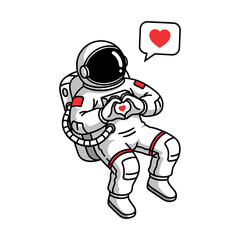 Cute cartoon astronaut floating in space making a heart shape with hands, with a heart speech bubble, isolated on