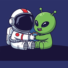 Friendly cartoon astronaut and green alien sitting together in space, holding and sharing a small glowing object, symbolizing friendship and connection