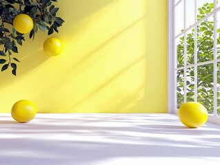 Four bright yellow lemons are arranged on a white surface, with dappled sunlight casting shadows. Green foliage is visible through a window on the right.