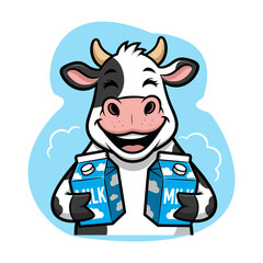 Happy cartoon cow mascot holding two cartons of milk happily, isolated on