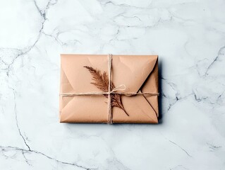 A simple, rustic gift package wrapped in brown paper and tied with twine, adorned with a dried sprig of greenery, sits on a white marble background.