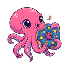 Cute pink octopus cartoon character happily eating a blue donut decorated with yellow stars, isolated on