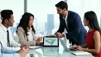 Collaborative Innovation Concept, Team Discussion Group, Digital Tools Surrounding Table, 4K UHD Video Footage, Front View of Presenters Engaged in Technology Powered Brainstorming.