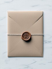 A brown paper envelope is sealed with a wax seal and tied with twine, resting on a light-colored marble surface.
