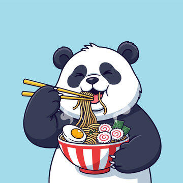Happy cartoon panda bear enjoying a large bowl of delicious ramen noodle soup with egg and fish cake, eating with chopstick