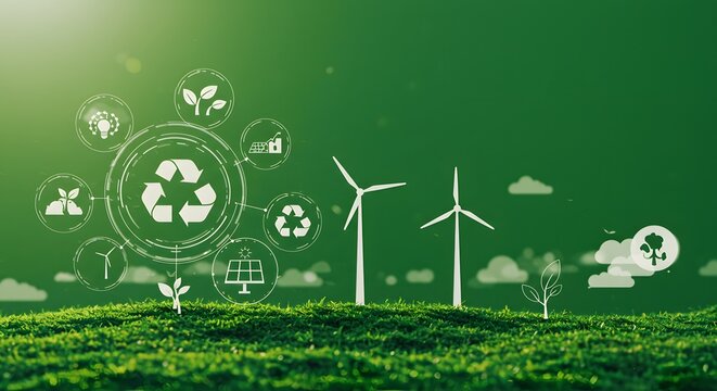 Renewable Energy Wind Turbines and Environmental Icons in Green Nature Scene