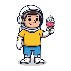 Obraz premium Cute cartoon astronaut boy in casual clothes holding a delicious ice cream cone with pink topping and sprinkles, isolated on
