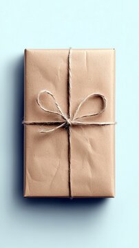 A simple, rectangular package wrapped in brown paper and tied with natural twine in a bow, presented against a plain, light blue backdrop.