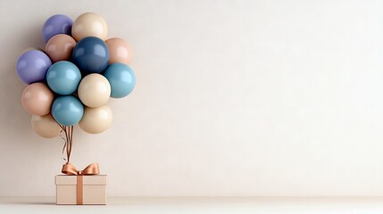A cluster of pastel-colored balloons is tied with ribbons to a small gift box, creating a festive and celebratory scene.