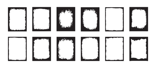 Black and white grunge frame vector set designed for image backgrounds. This abstract distressed border collection is perfect for decorating photos, posters, flyers, and graphic design project.