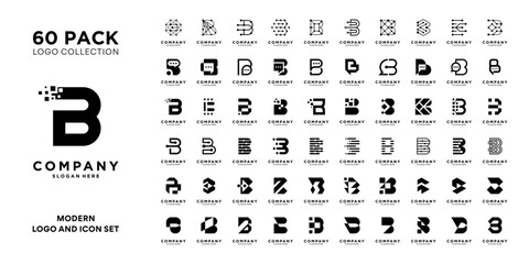 Mega logo collection with letter B. Abstract geometric initial B logo for business, technology and artificial intelligence.