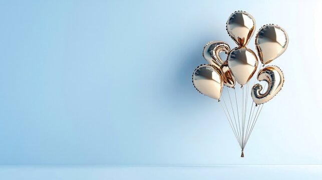 A cluster of reflective gold foil balloons, some round and some shaped like numbers, are tied together with thin strings and float against a solid, light blue b