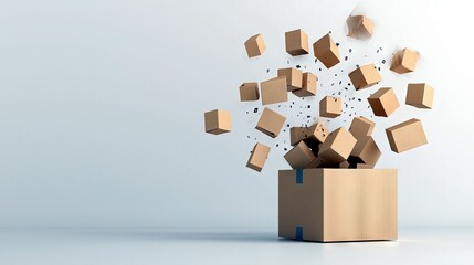 Numerous cardboard boxes are shown flying out of a larger open cardboard box in a dynamic, chaotic burst.
