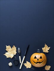 A carved Halloween pumpkin sits with carving tools, black seeds, and golden autumn leaves on a dark blue surface.
