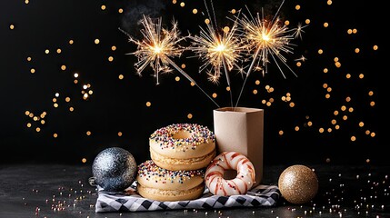 A festive arrangement of donuts, sparklers, and ornaments on a dark surface, illuminated by bokeh lights.