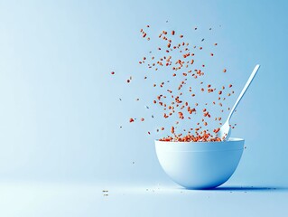 A white bowl filled with cereal, with a spoon in it, and cereal scattering out and up into the air against a light blue background.