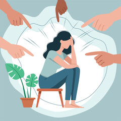 Woman Surrounded by Pointing Hands Illustrating Anxiety and Bullying Pressure