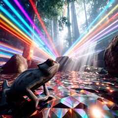 A chameleon stands on a reflective, faceted surface in a forest, illuminated by bright, colorful light beams streaming through the trees.