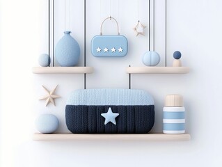 A collection of whimsical blue and navy decorative items, including star shapes, spheres, and a striped cylinder, are displayed on light wood shelves.