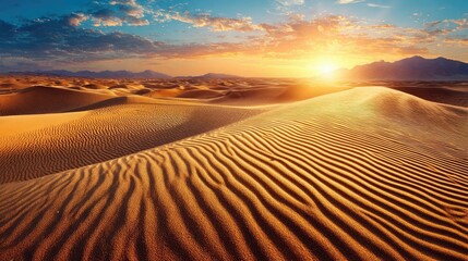 Top-down view of rippled desert sand concept. Breathtaking sunset over vast sandy dunes in a serene desert.