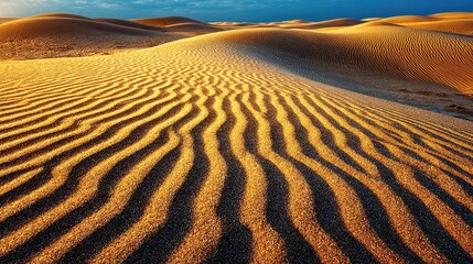 Top-down view of rippled desert sand concept. Golden sand dunes create beautiful waves under a clear blue sky.