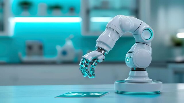 Futuristic robotic arm automation laboratory with teal metal precision technology, AI research innovation, glowing interface, blue light cyber