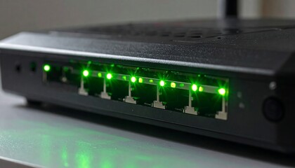 Close-up of a black electronic device with green indicator lights