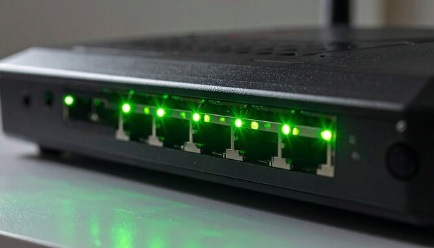 Close-up of a black electronic device with green indicator lights