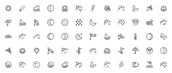Weather icon set. Vector illustration. Includes symbls for sunny, moon, rainbo, wind, snow, storm, tempeature, umbrella and more. ditable stroke.