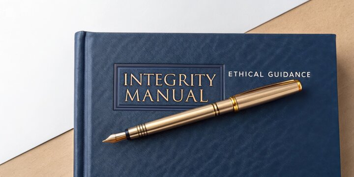 Elegant fountain pen resting on a blue integrity manual emphasizing ethical guidance and professional conduct in business