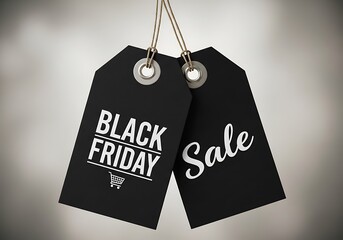 Two black friday sale tags hanging advertising big discounts for shoppers