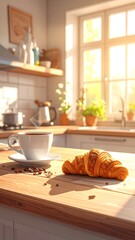 Morning scene coffee, croissant, and kitchen sunlight