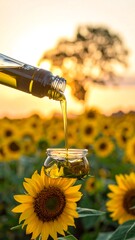 Oil pouring into a small glass jar in a sunflower field at sunset