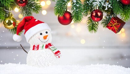 A festive winter scene featuring a smiling snowman wearing a red Santa hat and scarf, surrounded by Christmas tree branches, ornaments, and glowing holiday lights in soft falling snow. 