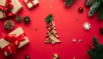 A creative flat lay arrangement featuring wrapped Christmas gifts, a tree-shaped holiday cookie, pine branches, cones, and decorative snowflakes on a bright red background. 