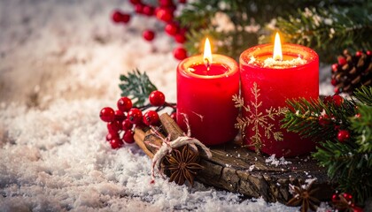 A cozy Christmas composition showcasing glowing red candles surrounded by pine cones, berries, evergreen branches, and snow textures. Ideal for holiday greeting cards, Advent themes.